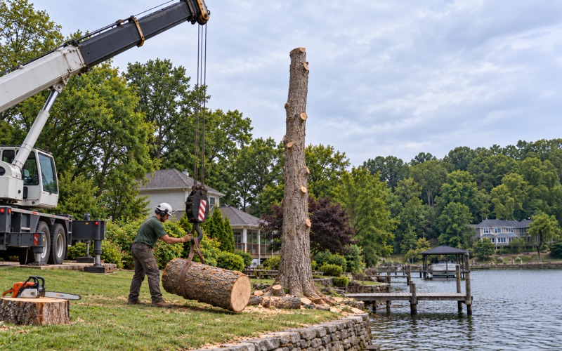 Worker walking the landed crane hook block toward a choked tulip poplar section in a Hendersonville lakefront back yard, the boom reaching over the roof.
