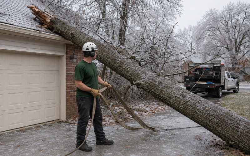 Worker passing a sling around a northern red oak leader that came down on a Hendersonville garage roof under ice, the winch line still slack.