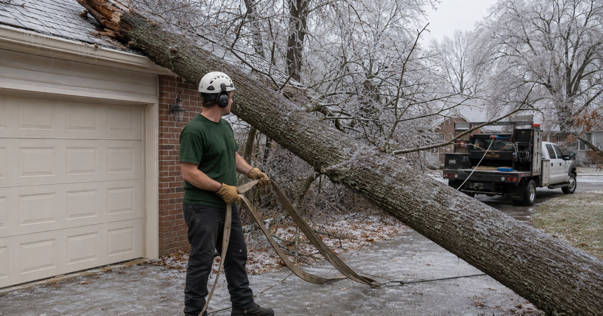 Worker passing a sling around a northern red oak leader that came down on a Hendersonville garage roof under ice, the winch line still slack.