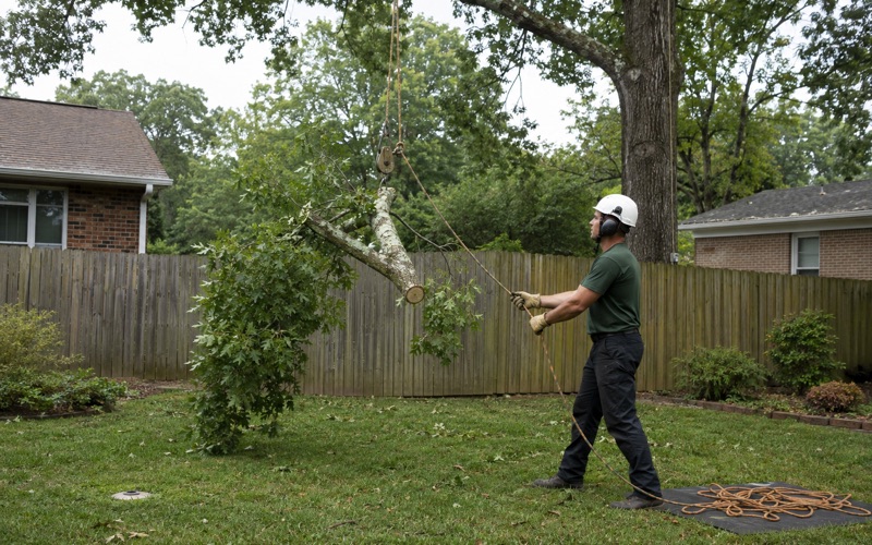 Worker running the lowering rope as a sweetgum limb overhanging a Hendersonville boundary comes down on his own side of the fence.