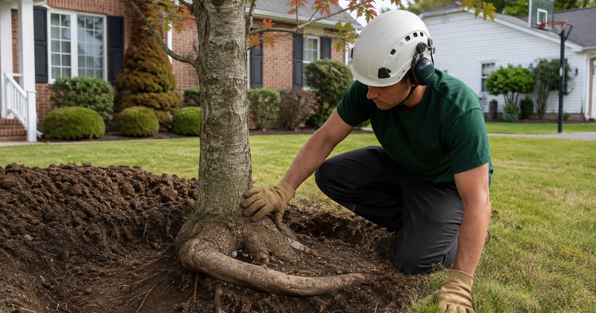 Worker at the opened root flare of a red maple in Hendersonville, a girdling root exposed where the tree was planted too deep.