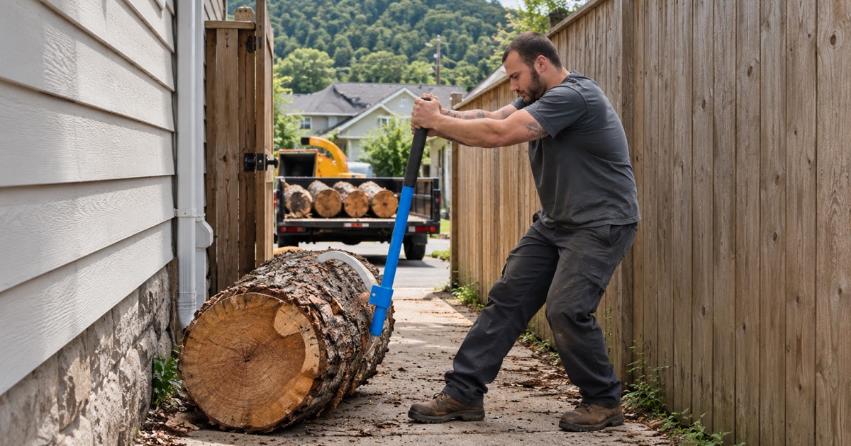 Worker rolling a chestnut oak round out through a narrow Ashland City side gate to the street, because the chipper cannot follow it in.