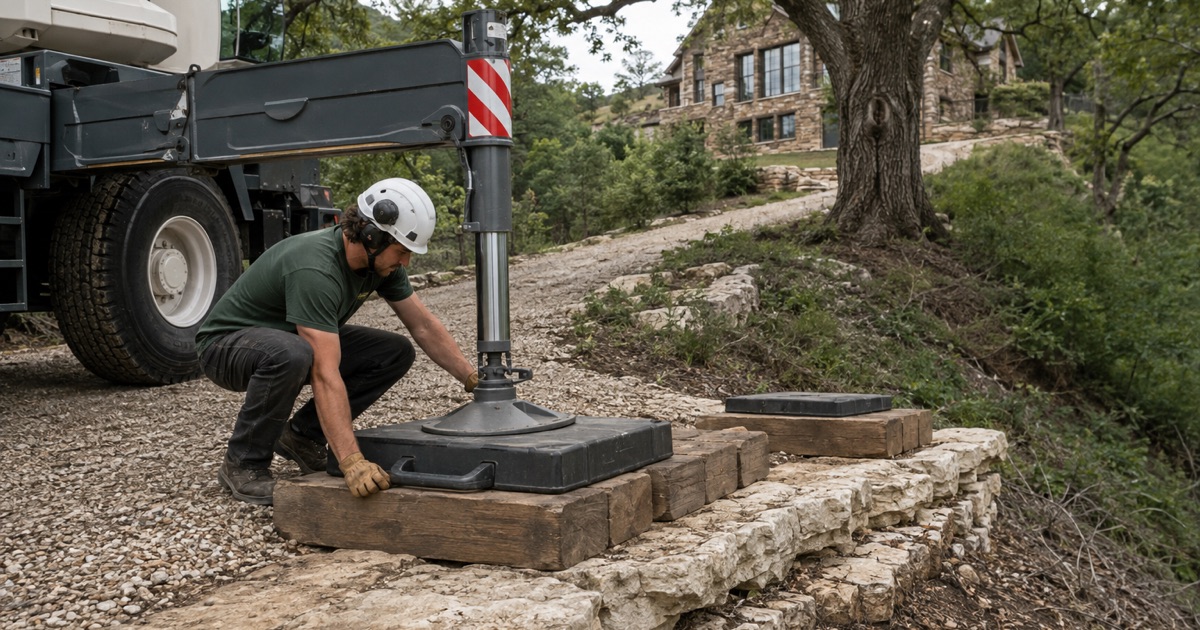 Worker setting an outrigger pad onto cribbing on a Brentwood two-acre lot where limestone ledge steps out of the hillside under the crane.