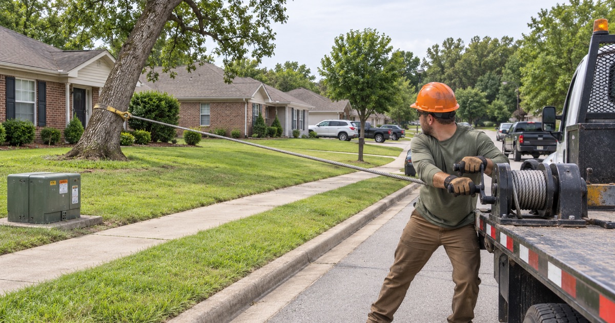 Worker at the winch drum on the truck as a leaning post oak is pulled away from a rented La Vergne house, the transformer pad kept clear behind him.