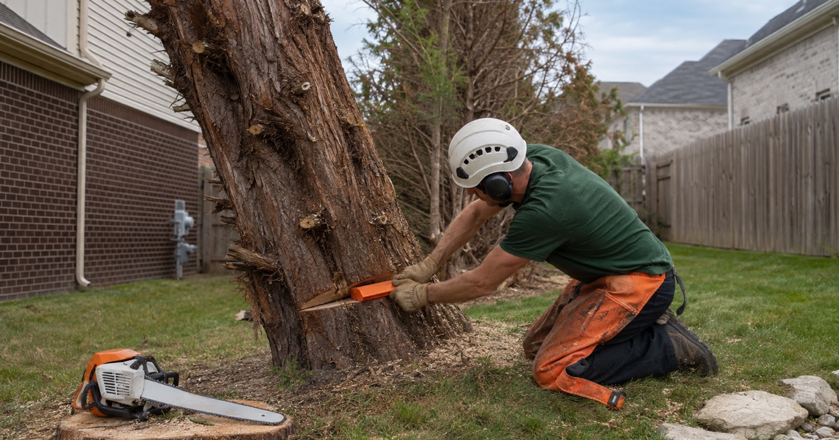 Worker seating a felling wedge in the back cut of a Leyland cypress in a Mount Juliet screen row, the rest of the planting browned out behind him.
