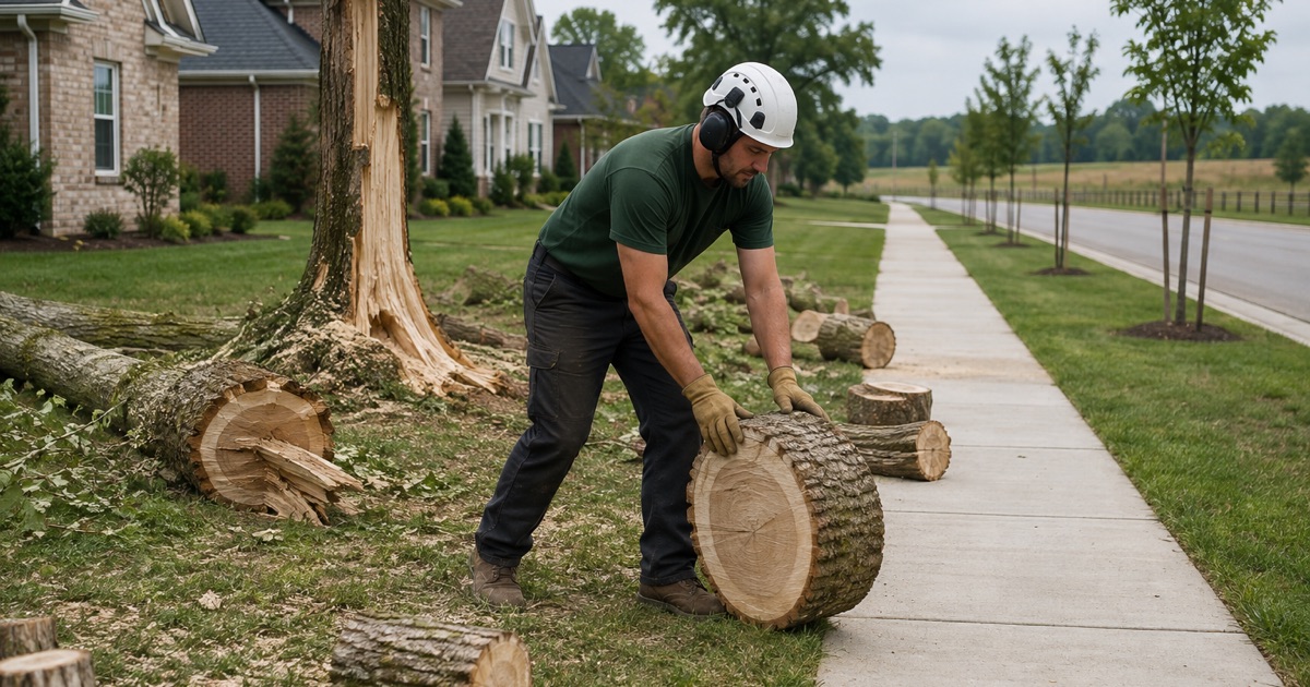 Worker rolling a Bradford pear round clear of a Nolensville verge after the tree split at its co-dominant union, the young street trees evenly spaced behind him.