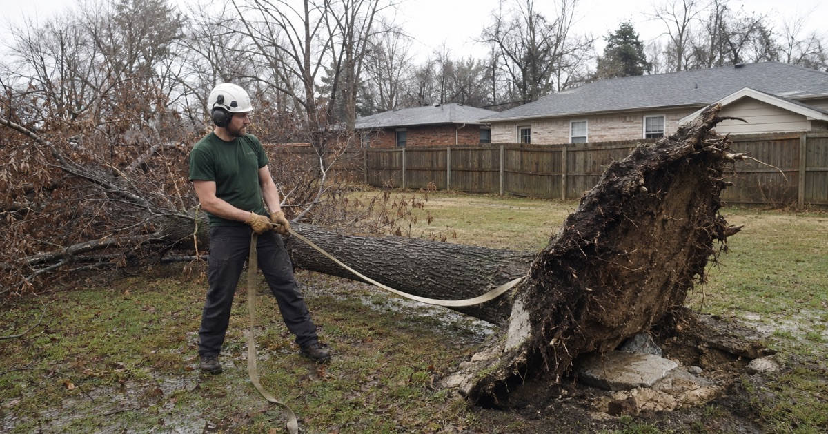 Worker setting a choker on a chinkapin oak that tipped whole out of saturated Smyrna glade soil, its wide thin root plate lifted clear.