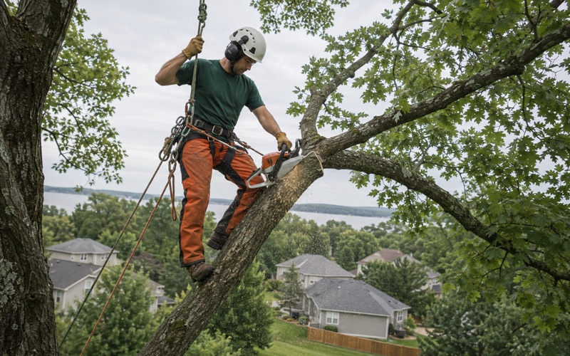 Climber high in a sugar maple over a Hendersonville back yard, tied in above the limb he is reducing, the saw bar buried in the cut.