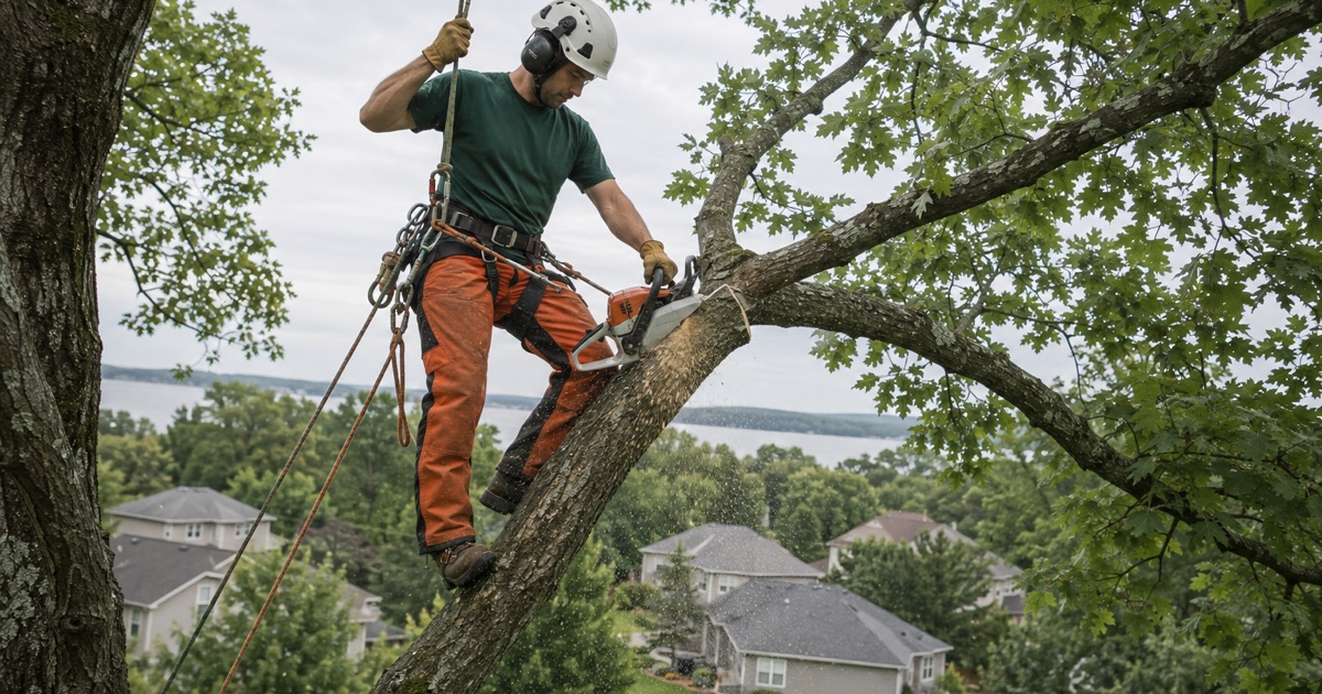 Climber high in a sugar maple over a Hendersonville back yard, tied in above the limb he is reducing, the saw bar buried in the cut.